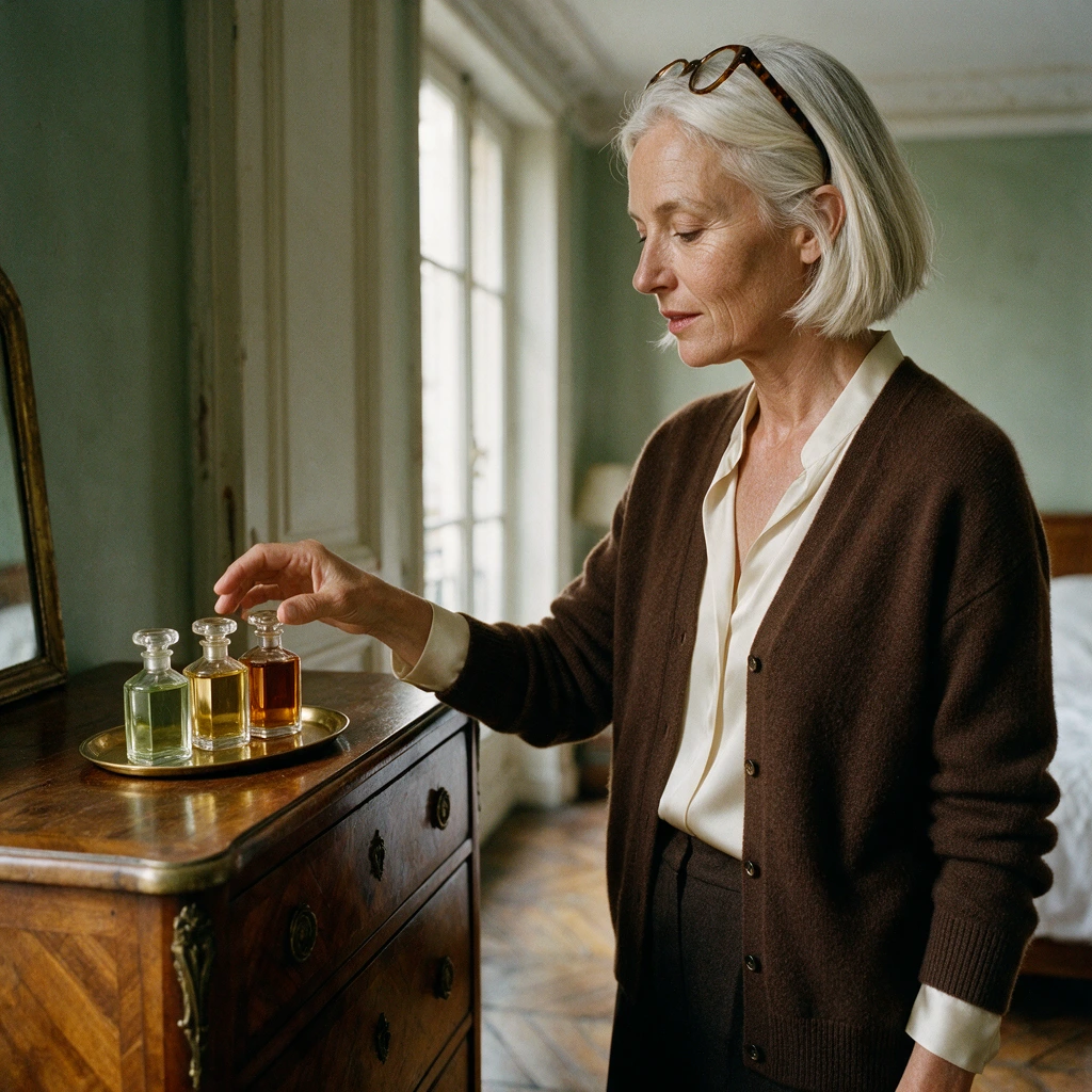 Femme d'une cinquantaine d'années aux cheveux argentés choisissant un flacon de parfum sur un plateau en laiton