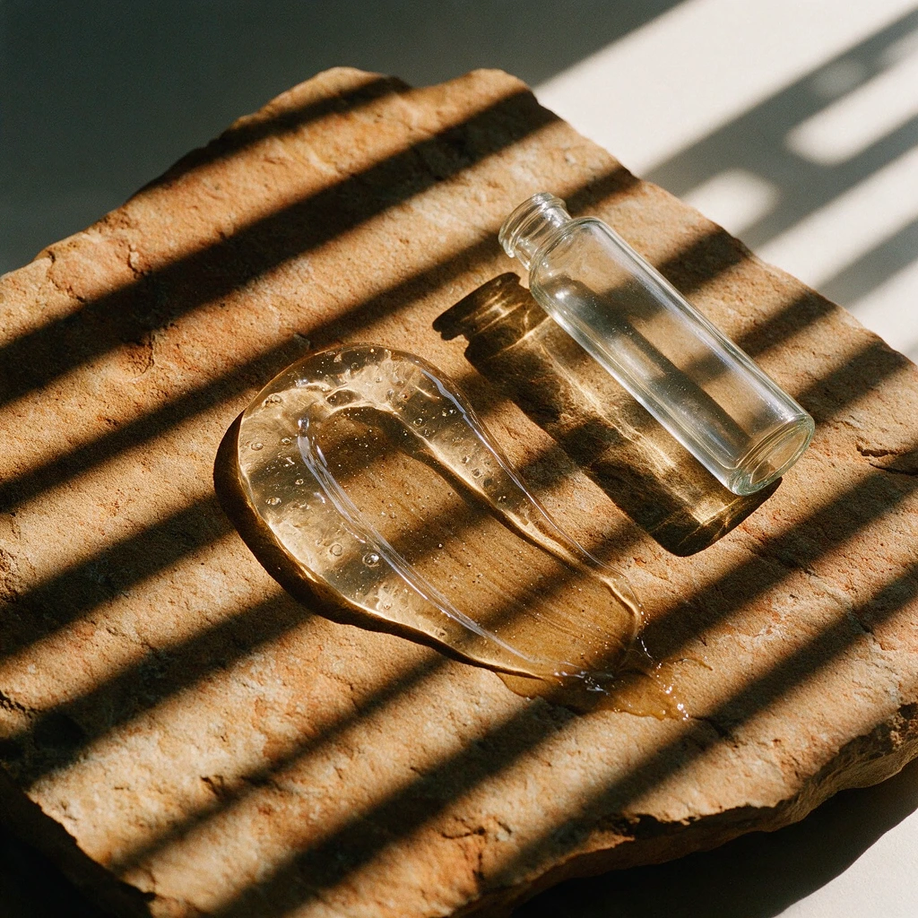 Trace de gel transparent étalée sur une pierre ocre, sous un soleil dur qui dessine des ombres de persiennes