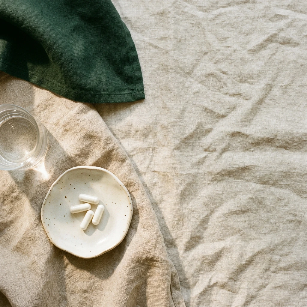Gélules blanches sans marque dans une coupelle en céramique ivoire, à côté d'un verre d'eau sur une nappe en lin