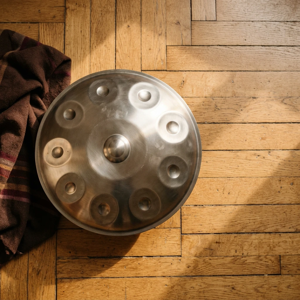 Handpan en acier inoxydable posé sur un parquet en chêne, sa note centrale et son cercle de notes vus du dessus