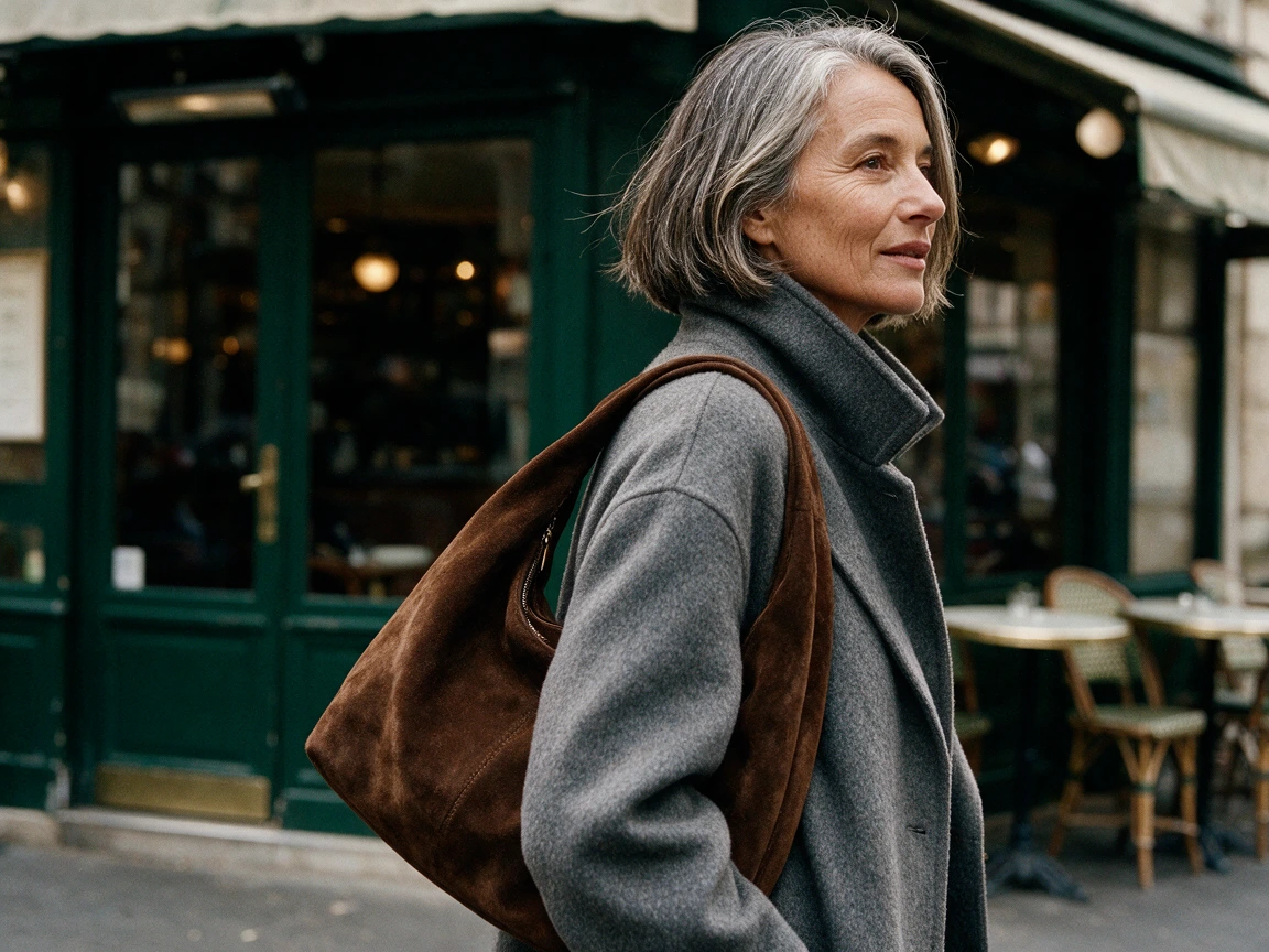 Femme d'une cinquantaine d'années aux cheveux poivre et sel portant un sac hobo en daim chocolat sur un manteau gris