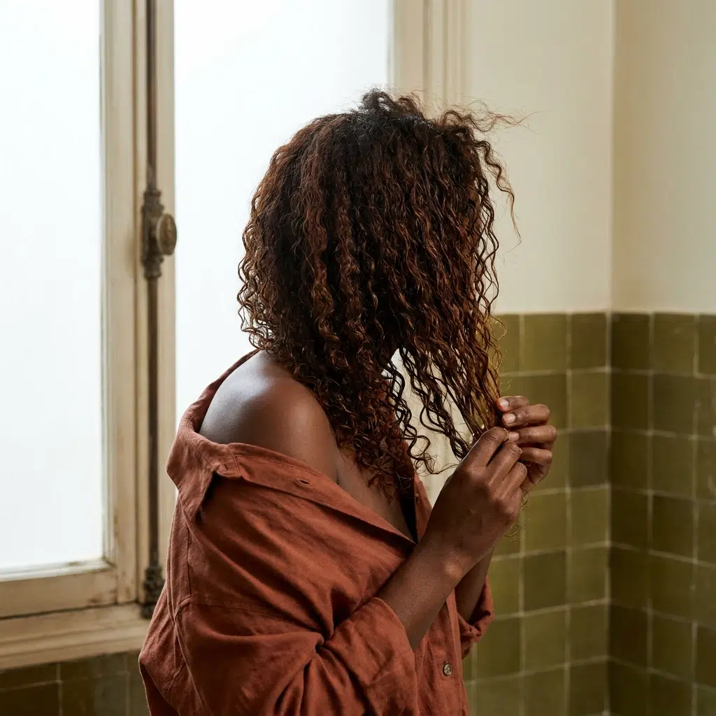 Femme aux cheveux bouclés châtains répartissant de l'huile sur ses longueurs humides, vue de trois quarts