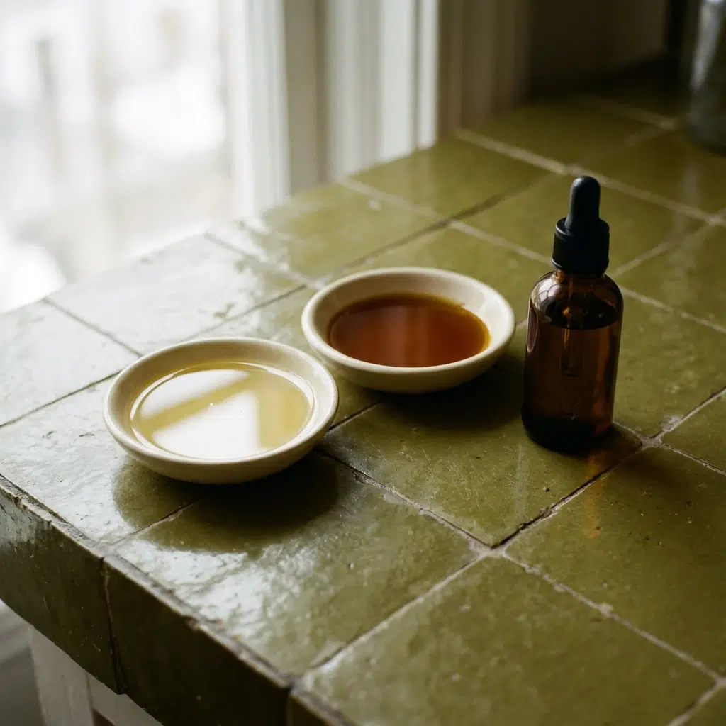 Deux coupelles d'huile d'argan, l'une dorée pâle, l'autre ambrée plus foncée, près d'un flacon en verre teinté
