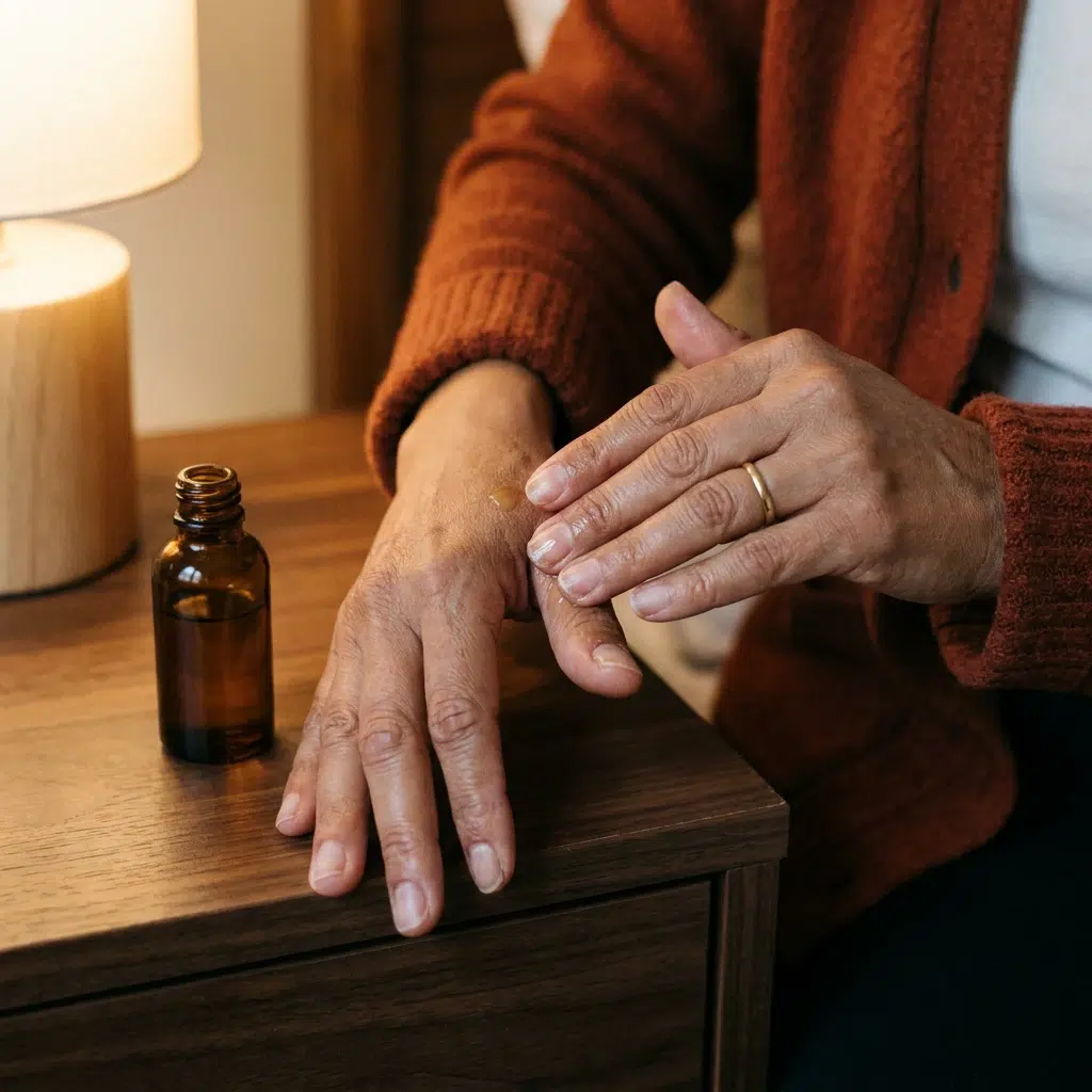 Mains d'une femme massant une goutte d'huile sur les cuticules de ses ongles courts, sans vernis