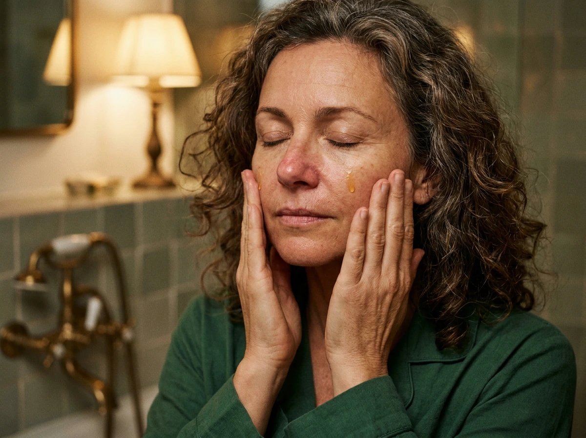 Femme d'une cinquantaine d'années aux boucles grisonnantes massant une huile sur son visage, le soir, près d'un lavabo