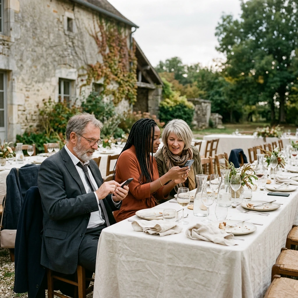 Trois invités autour d'une table de réception en extérieur, chacun parcourant les photos de la journée sur son téléphone
