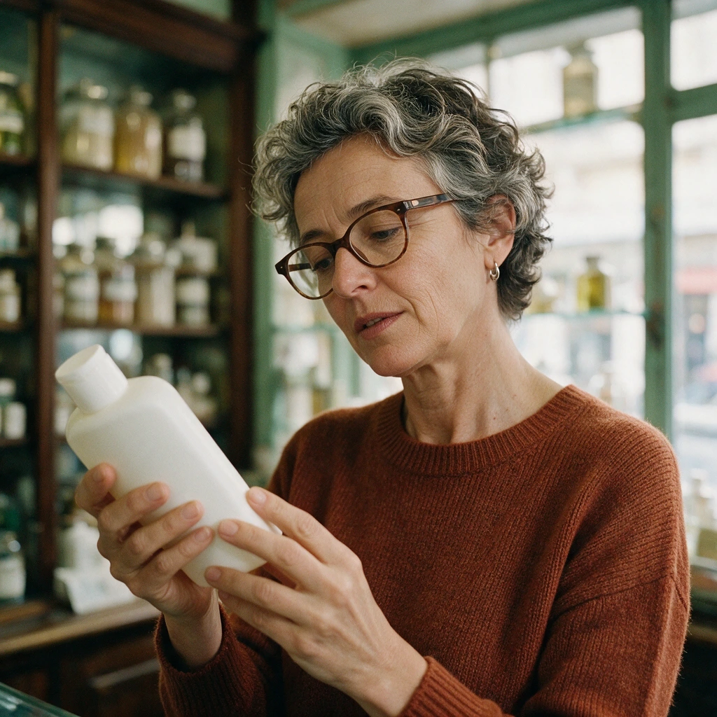 Femme aux cheveux bouclés poivre et sel qui lit la liste d'ingrédients au dos d'un flacon de shampooing en pharmacie