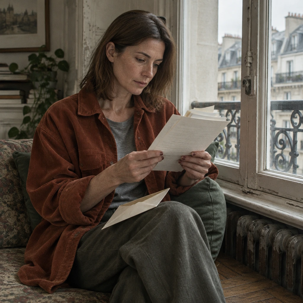 Femme d'une quarantaine d'années aux cheveux bruns mi-longs lisant un document près d'une fenêtre d'appartement ancien