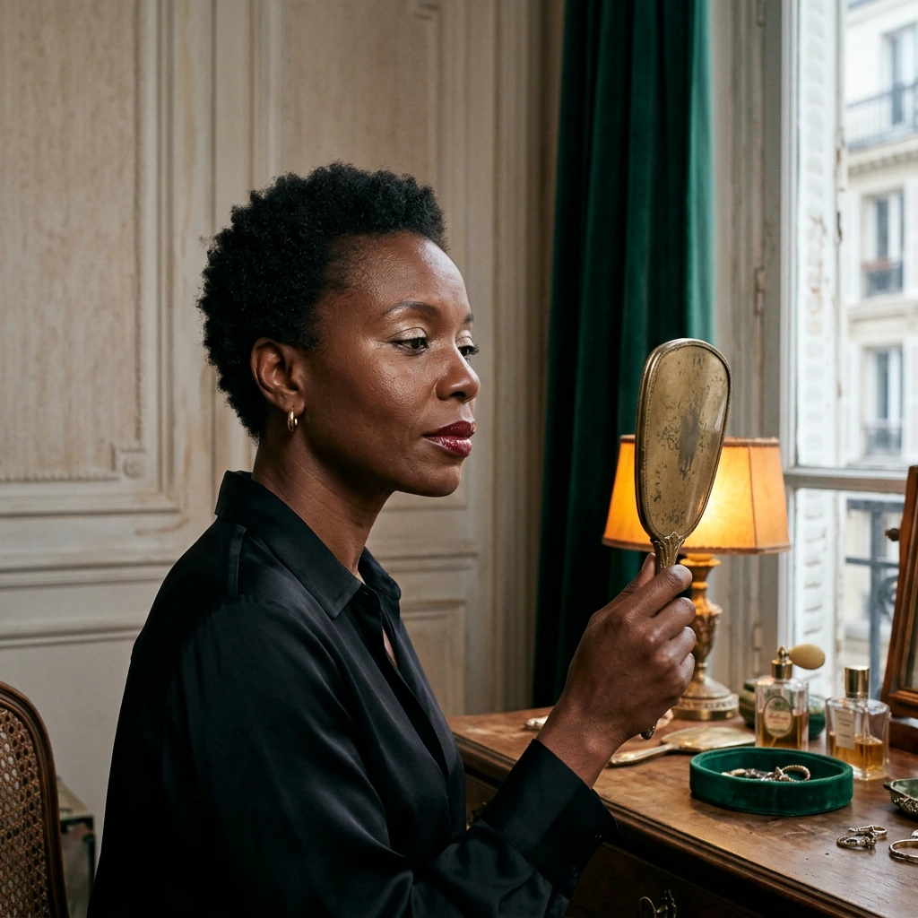Femme d'une quarantaine d'années aux lèvres grenat brillantes et aux paupières irisées, face à un petit miroir ancien