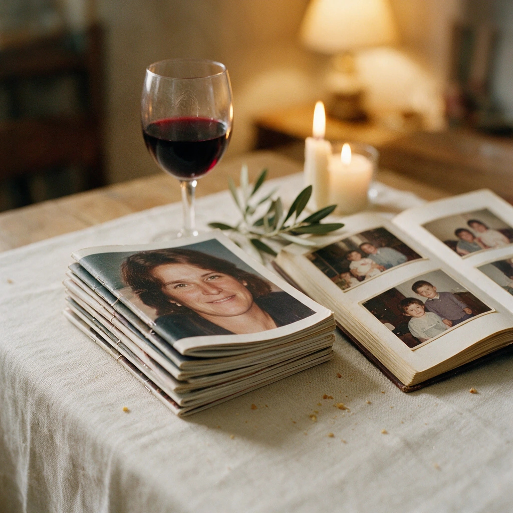 Exemplaires agrafés empilés sur une table de fête, à côté d'un magazine à couverture rigide ouvert sur des photos