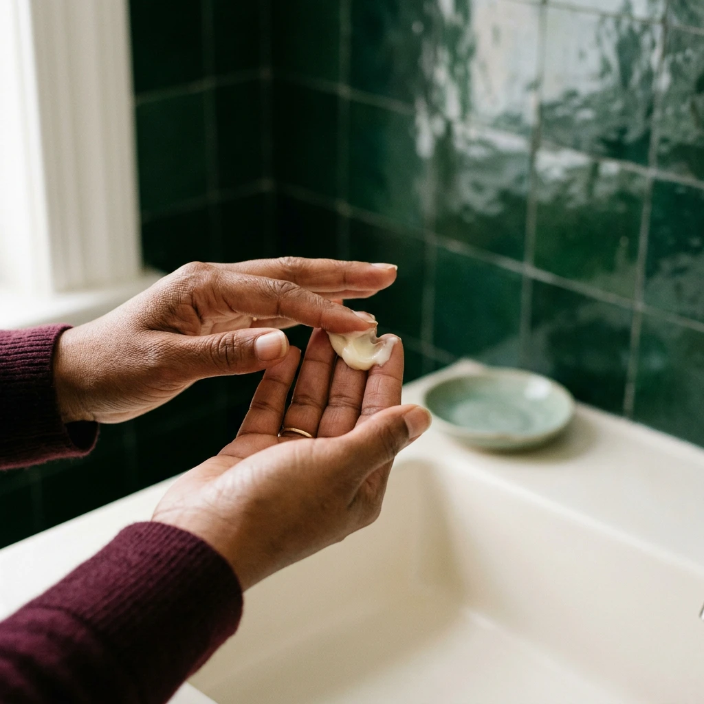 Mains d'une femme d'une cinquantaine d'années réchauffant une noisette de crème au-dessus d'un lavabo