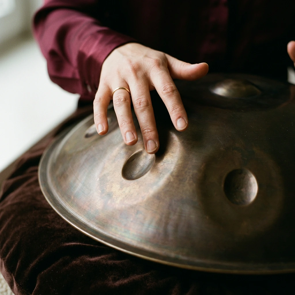 Mains d'une femme frappant du bout des doigts une note sur un handpan en acier nitruré couleur bronze