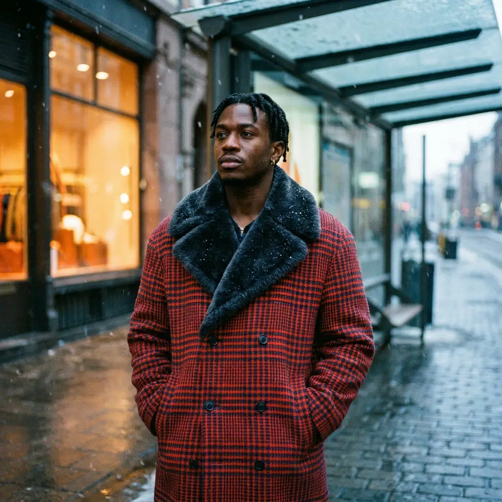 Homme en manteau croisé à carreaux rouge et marine avec grand col en fausse fourrure dans une rue en hiver