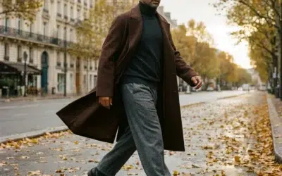 manteau-homme-long-laine-tendance-hiver Homme marchant sur un boulevard parisien en automne, vêtu d’un long manteau en laine marron ouvert sur un col roulé