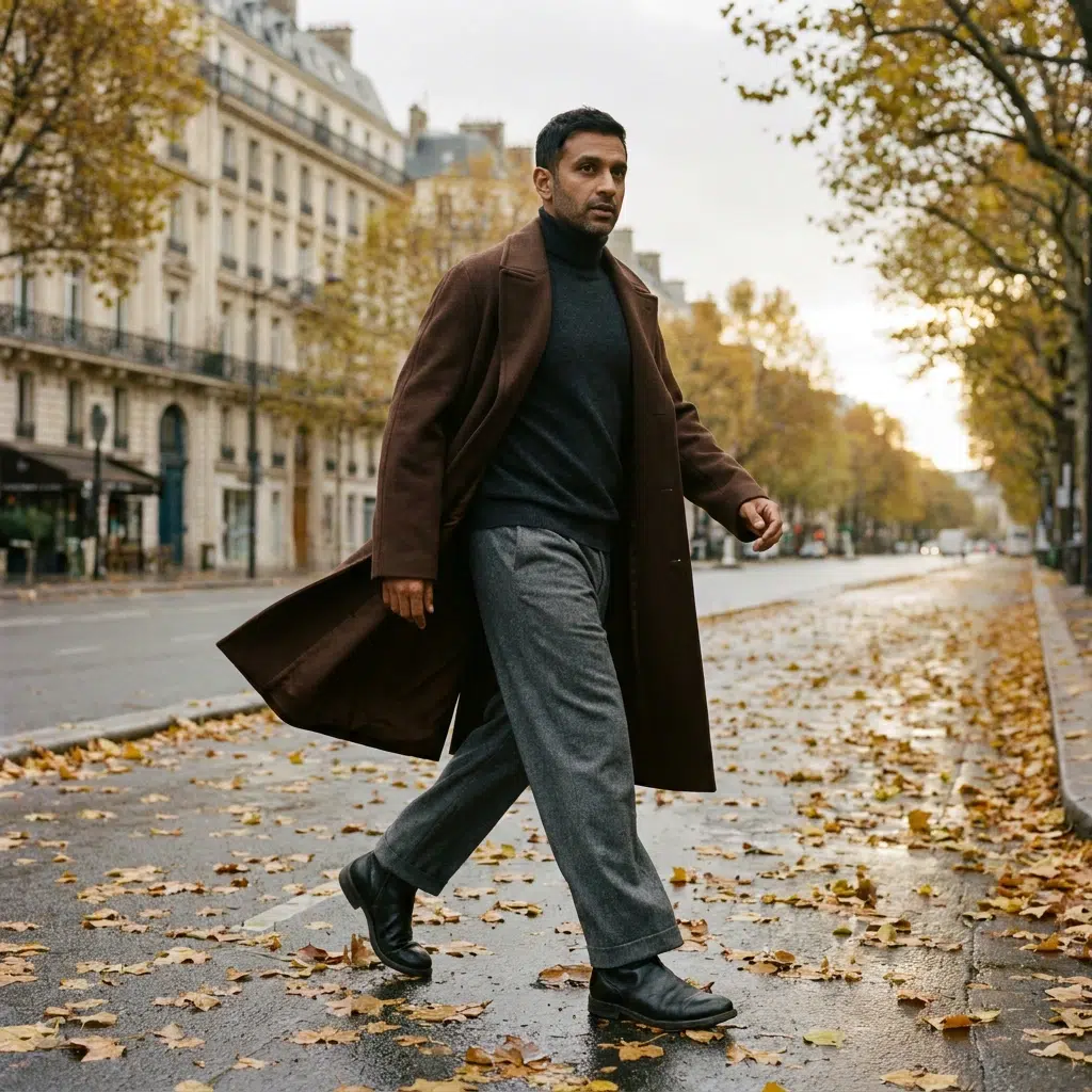 manteau-homme-long-laine-tendance-hiver Homme marchant sur un boulevard parisien en automne, vêtu d’un long manteau en laine marron ouvert sur un col roulé
