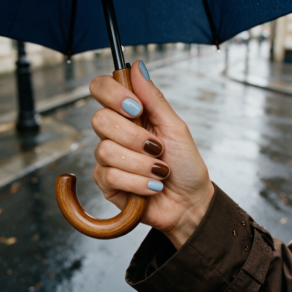 Main de femme tenant la poignée d'un parapluie bleu marine, ongles alternant bleu poudré et marron chocolat