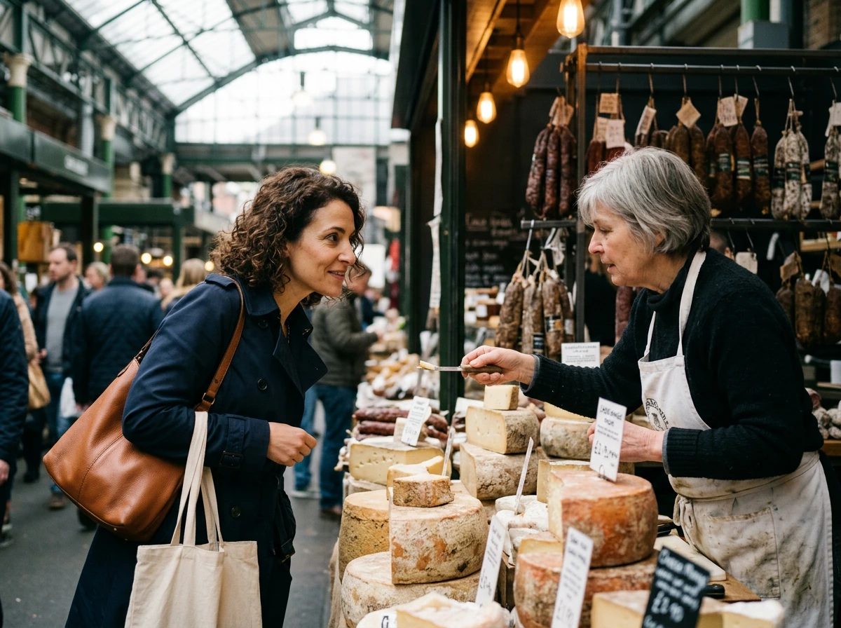 Femme en trench marine choisissant un fromage avec la fromagère devant un étal de marché couvert