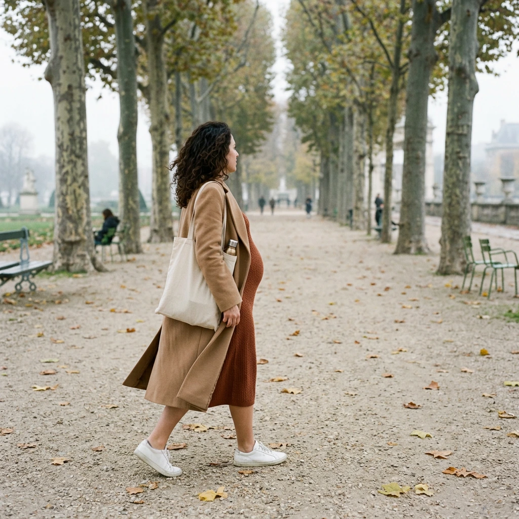 Femme enceinte vue de trois quarts dos, marchant dans une allée de parc bordée de platanes en automne