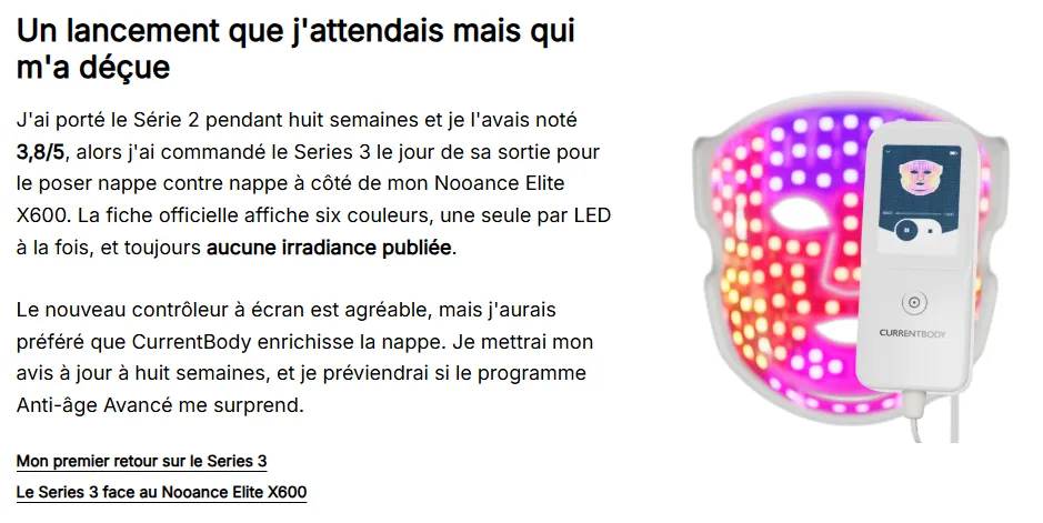 Masque LED testé par Emilie, fondatrice des Avis d'Emilie, qui n'a pas répondu à ses attentes