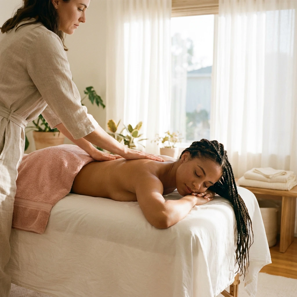 Masseuse pratiquant un massage californien sur le dos d'une femme allongée dans une chambre lumineuse