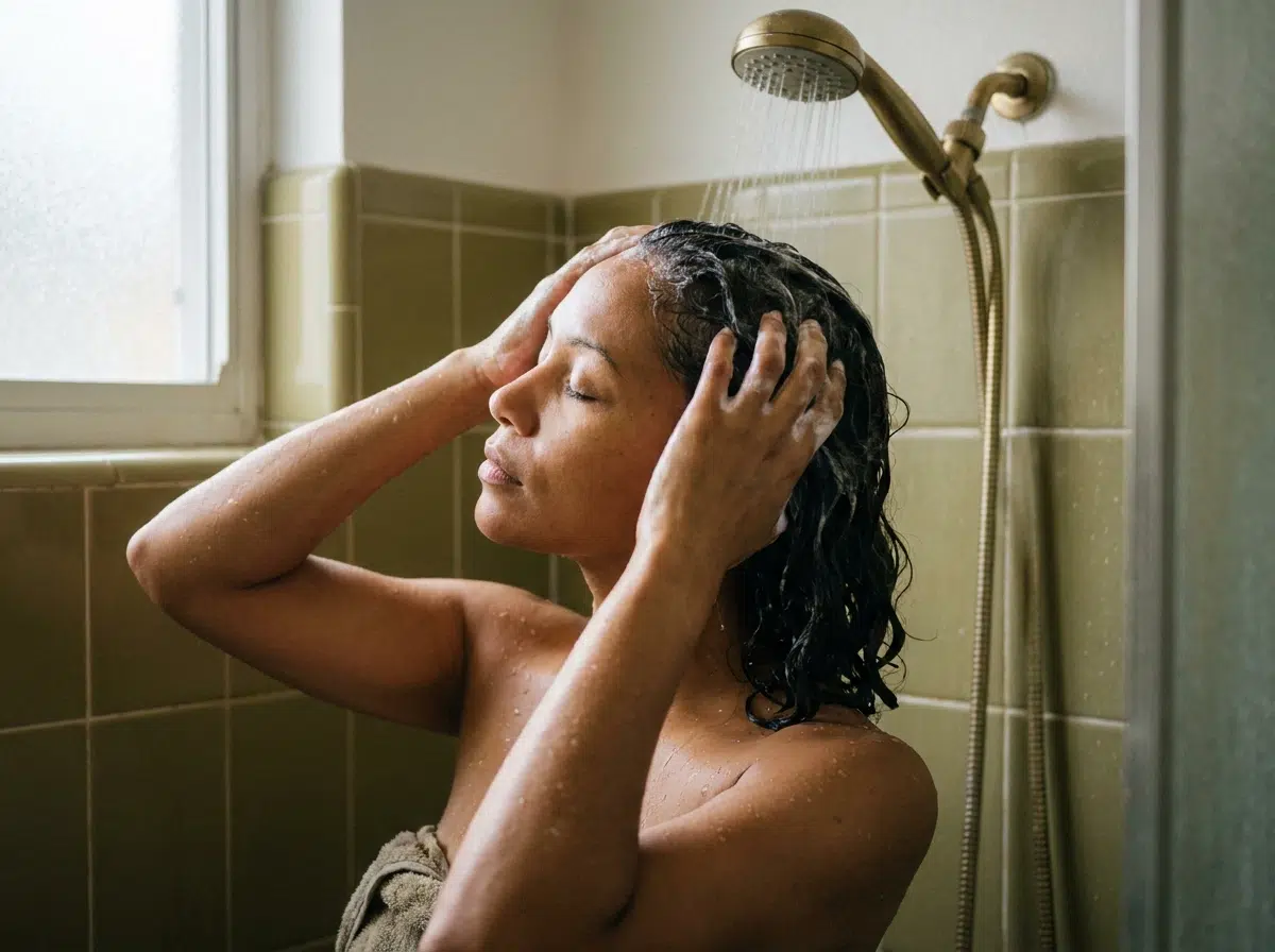 Femme d'une quarantaine d'années massant la mousse du shampoing du bout des doigts sur son cuir chevelu, longueurs sans produit
