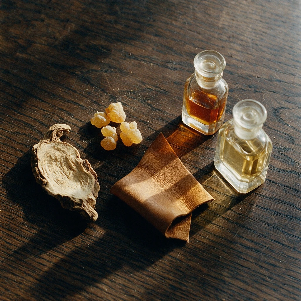Racine d’iris séchée, larmes d’encens, morceau de cuir et flacons de parfum sans marque sur une table en chêne foncé