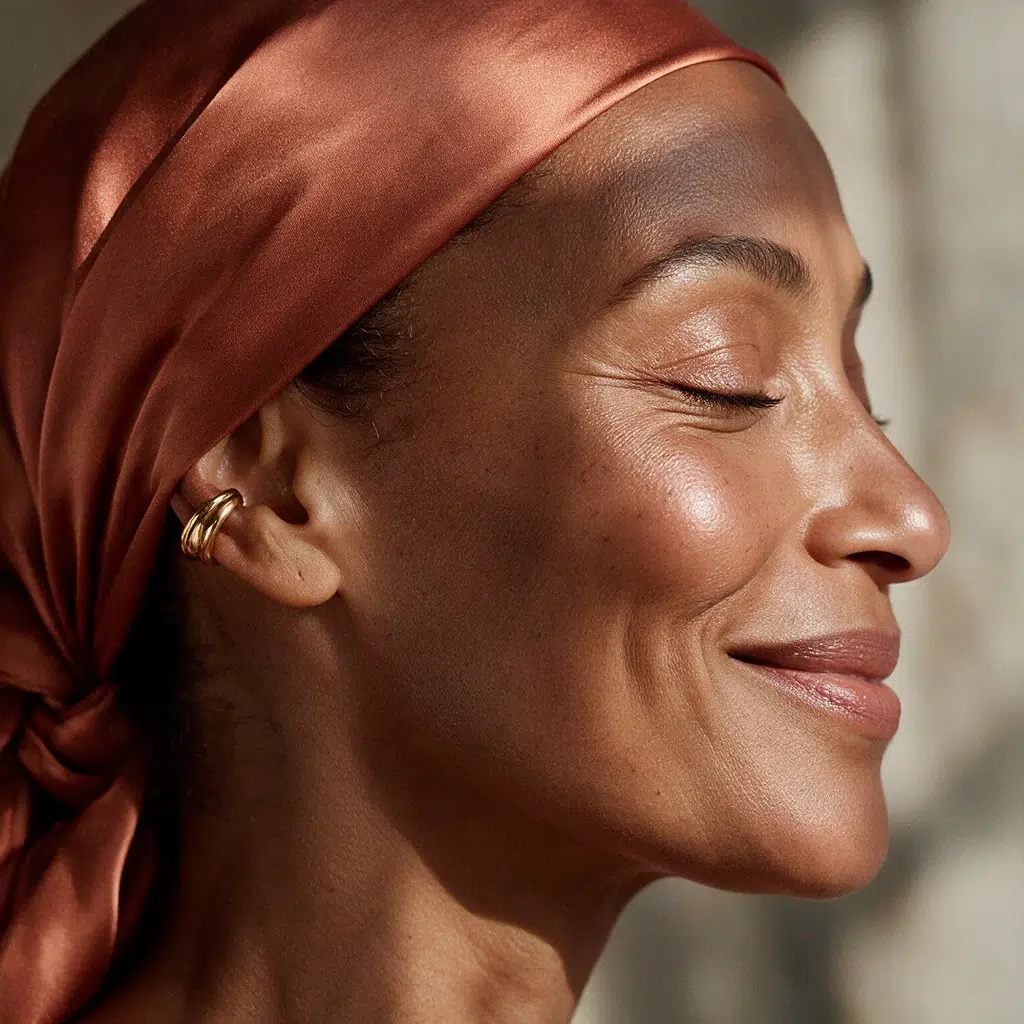 Profil d'une femme quinquagénaire à la peau lumineuse et naturelle, éclairée par une lumière douce de fenêtre