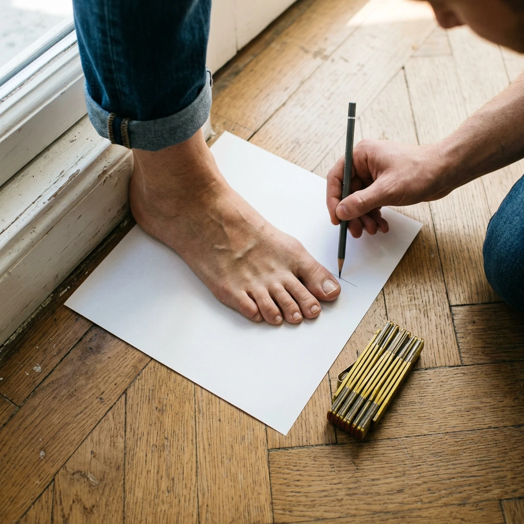 Pied nu posé sur une feuille blanche, talon contre le mur, un crayon marquant l'extrémité du plus long orteil