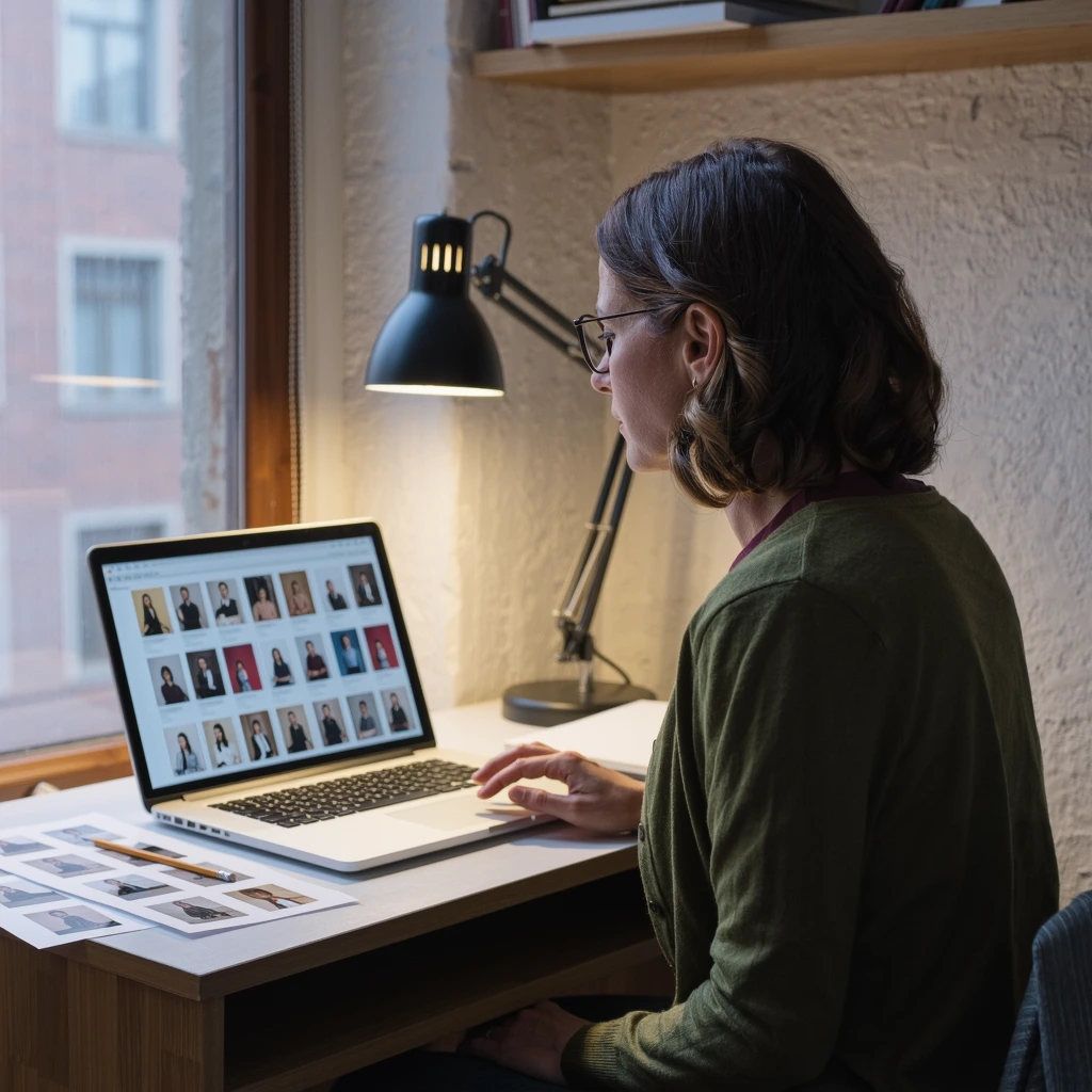 Femme mettant en page un magazine sur son ordinateur portable, des tirages photo étalés à côté du clavier