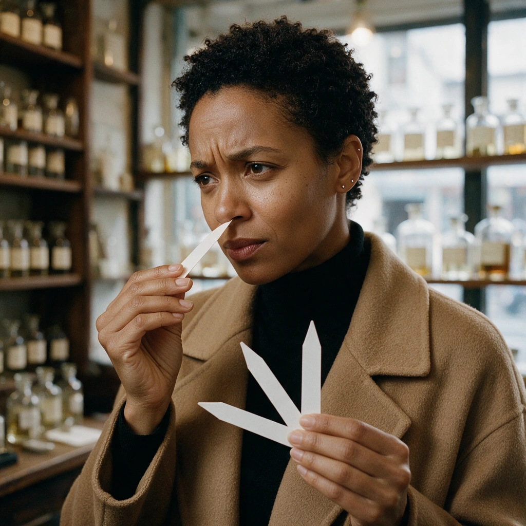 Femme d’une trentaine d’années aux cheveux crépus tenant des mouillettes de parfum dans une petite parfumerie