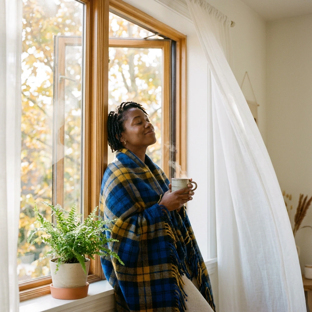 Femme respirant l'air frais à une fenêtre ouverte un matin d'automne, une tasse chaude à la main