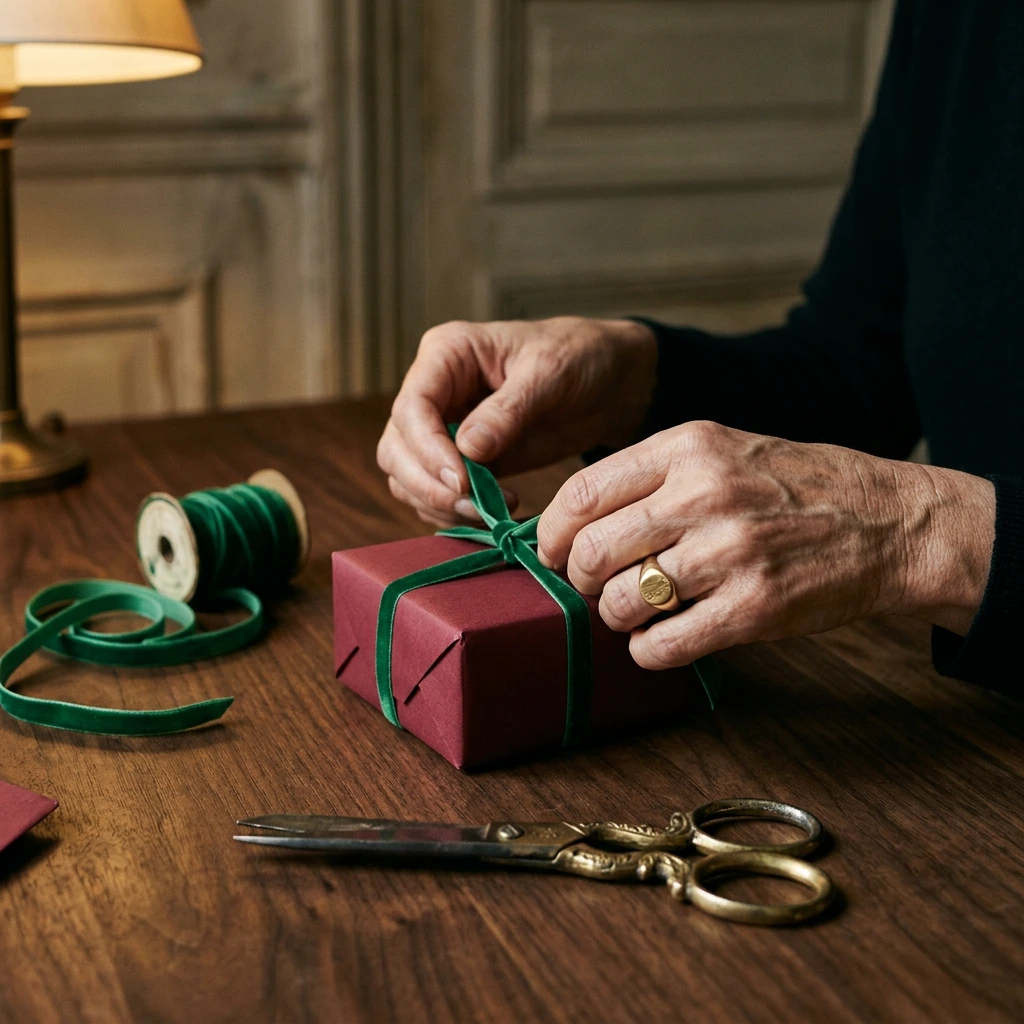 Mains nouant un ruban vert émeraude autour d'un petit paquet cadeau rouge sur une table en bois sombre