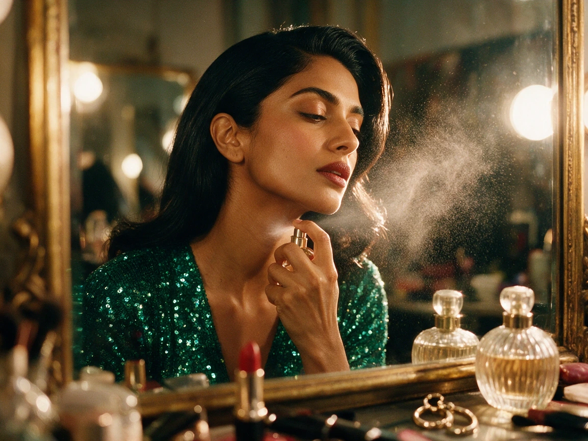 Femme vaporisant un parfum dans son cou devant un miroir avant une soirée, flacon ambré à la main