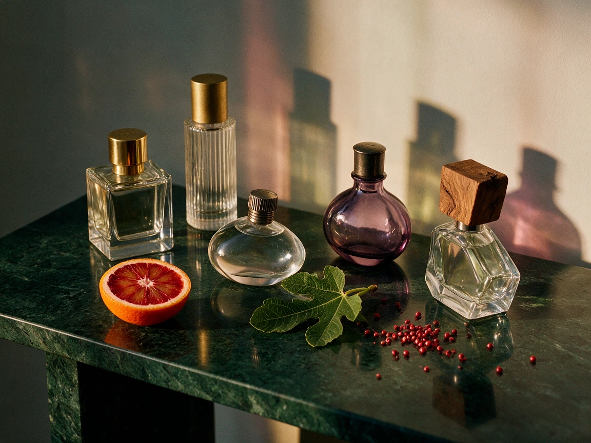 Flacons de parfums de niche aux formes variées posés sur une console en marbre vert avec des agrumes