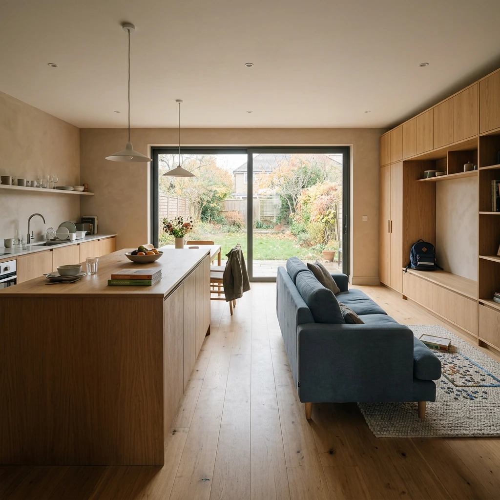 Pièce de vie ouverte d'une maison familiale, avec un large passage entre l'îlot de cuisine et le canapé
