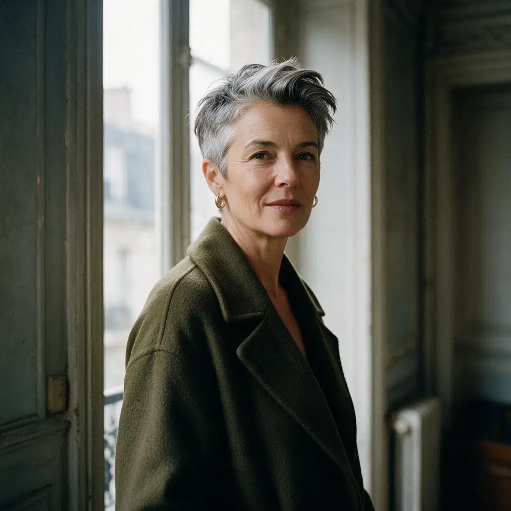 Femme d'une cinquantaine d'années aux cheveux poivre et sel en pixie texturé, plus long sur le dessus, vue de trois quarts