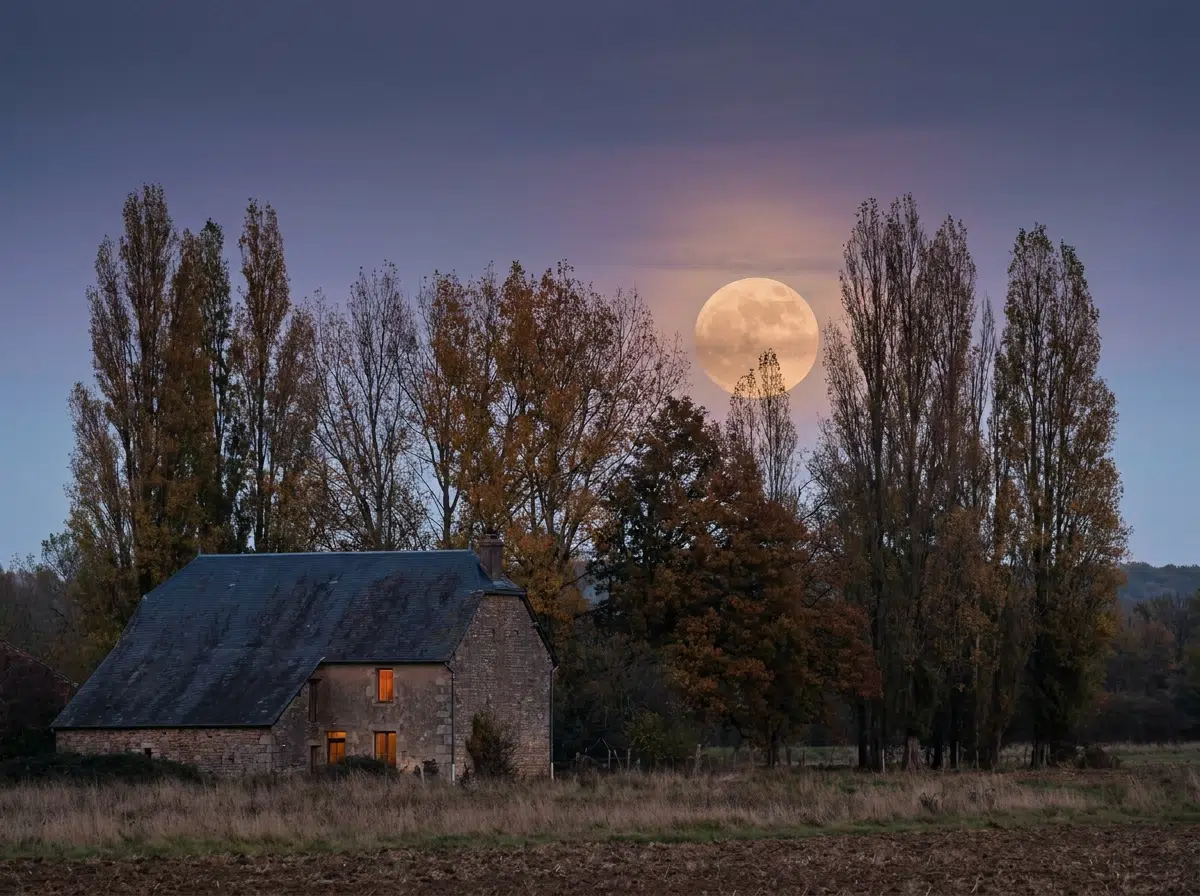 pleine-lune-octobre-lune-chasseur Pleine lune d’octobre se levant derrière des peupliers aux feuilles jaunies, au-dessus d’une ferme en pierrz