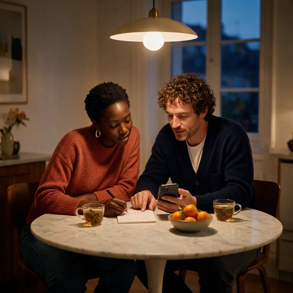 Couple faisant le point sur le planning de la semaine à la table de la cuisine un dimanche soir, tasses de tisane à la main