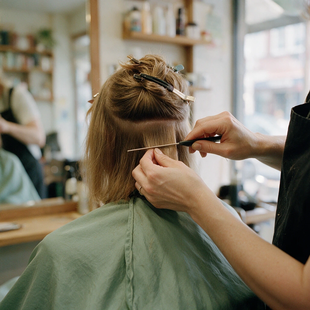 Mains d'une coiffeuse séparant une fine section de cheveux châtains avant la pose de mèches d'extension