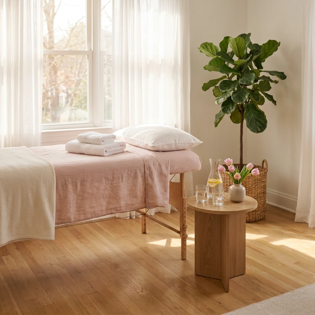 Coin de salon préparé pour un massage à domicile avec table, drap rose, serviettes et carafe d'eau