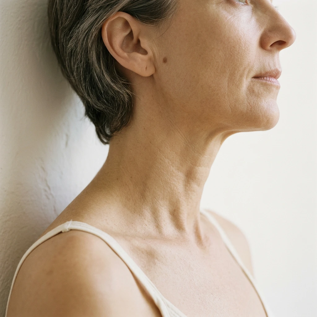 Profil d'une femme d'une cinquantaine d'années, de l'ovale du visage jusqu'au cou, en lumière naturelle