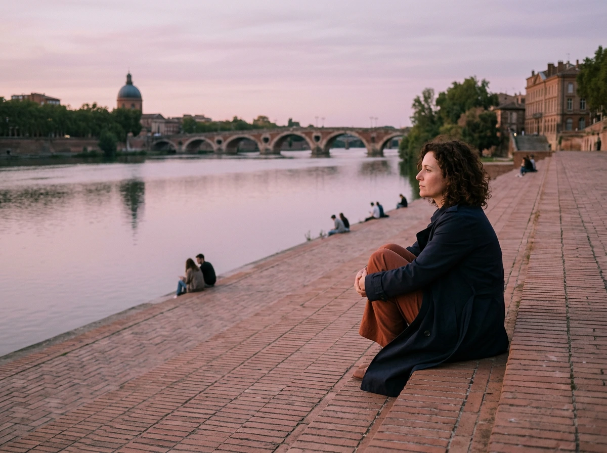 Femme assise sur les marches en brique d'un quai au bord d'un fleuve, au moment où le ciel vire au rose