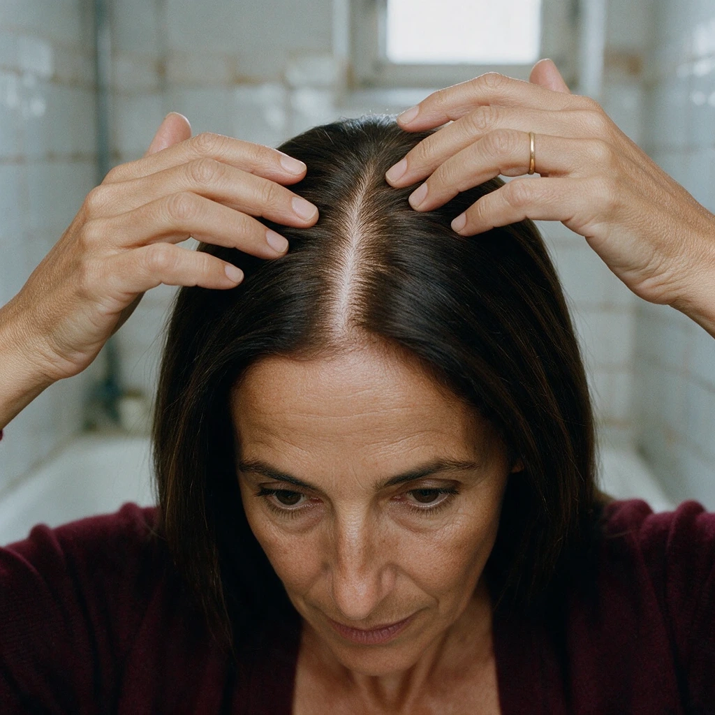 Femme d'environ 55 ans écartant ses cheveux bruns au sommet du crâne devant un miroir pour observer sa raie centrale