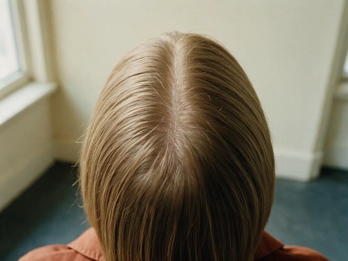 Gros plan sur la raie au milieu de cheveux châtain clair fins et raides, racines légèrement aplaties et brillantes