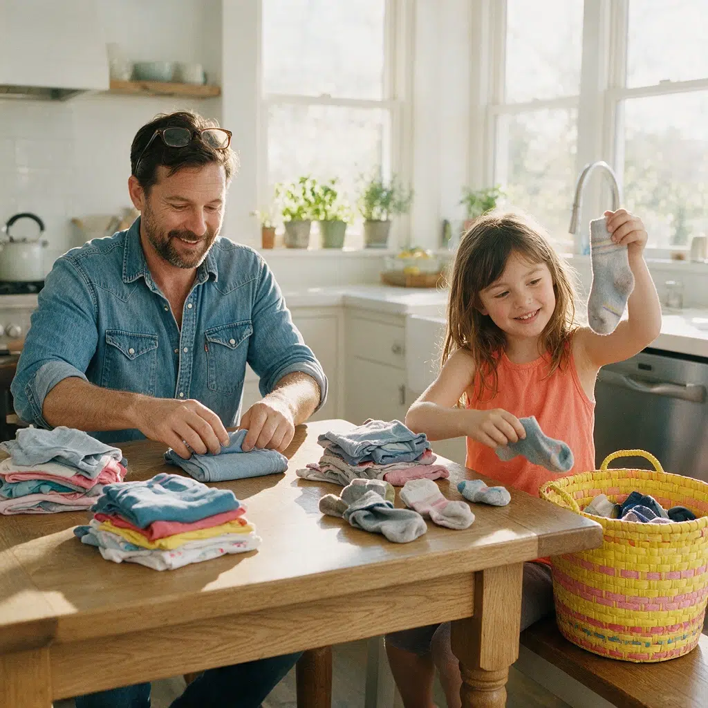 Père pliant le linge des enfants à une table de cuisine ensoleillée pendant que sa fille trie les chaussettes par paires