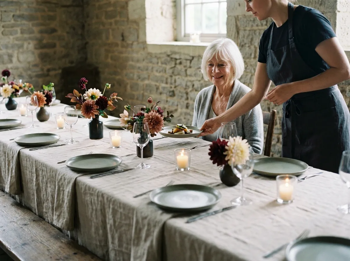 Table dressée pour un repas assis d'anniversaire, nappe en lin, assiettes en grès et bougies basses allumées