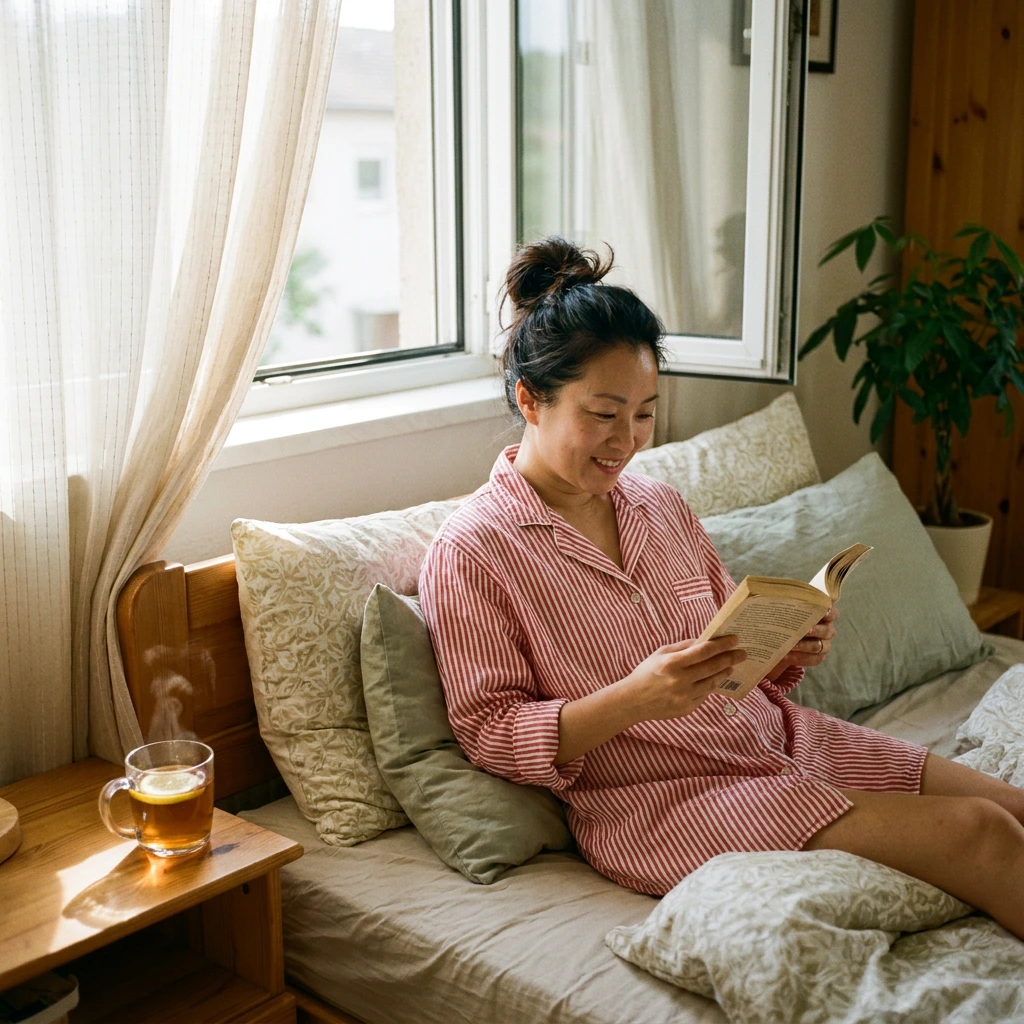 Femme lisant au lit, calée contre plusieurs oreillers, une tisane fumante à côté d'elle et la fenêtre entrouverte