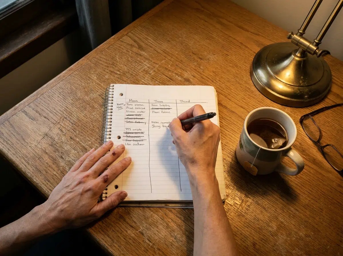 Mains d'une femme écrivant un inventaire en trois colonnes dans un carnet, sur une table de cuisine en bois le soir