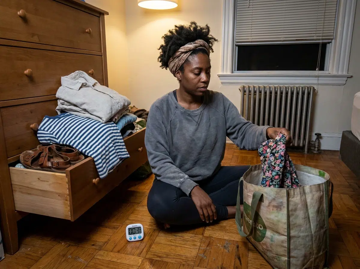 Femme assise par terre triant ses vêtements d'été dans un sac de dons, avec un minuteur posé à côté d'elle