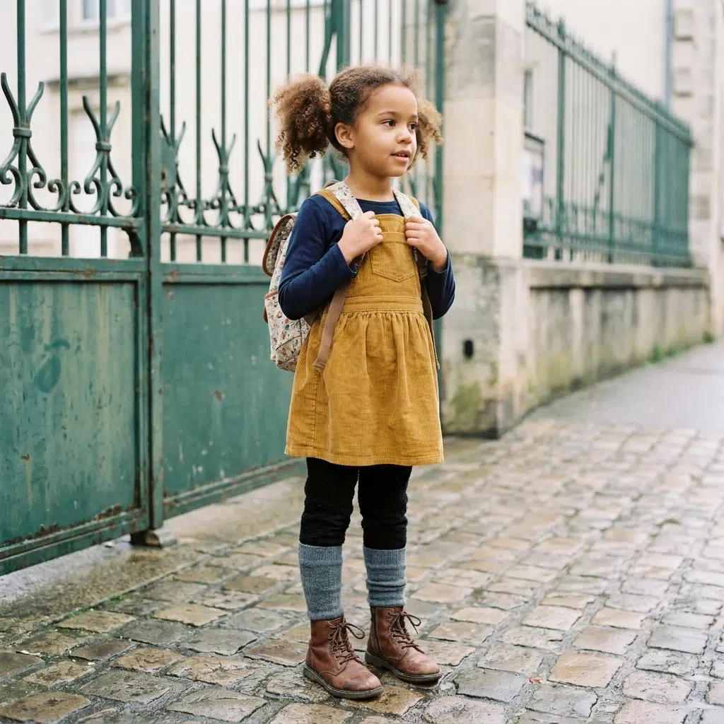 Fillette de sept ans en robe chasuble en velours côtelé, legging polaire et chaussettes hautes devant une grille d'école